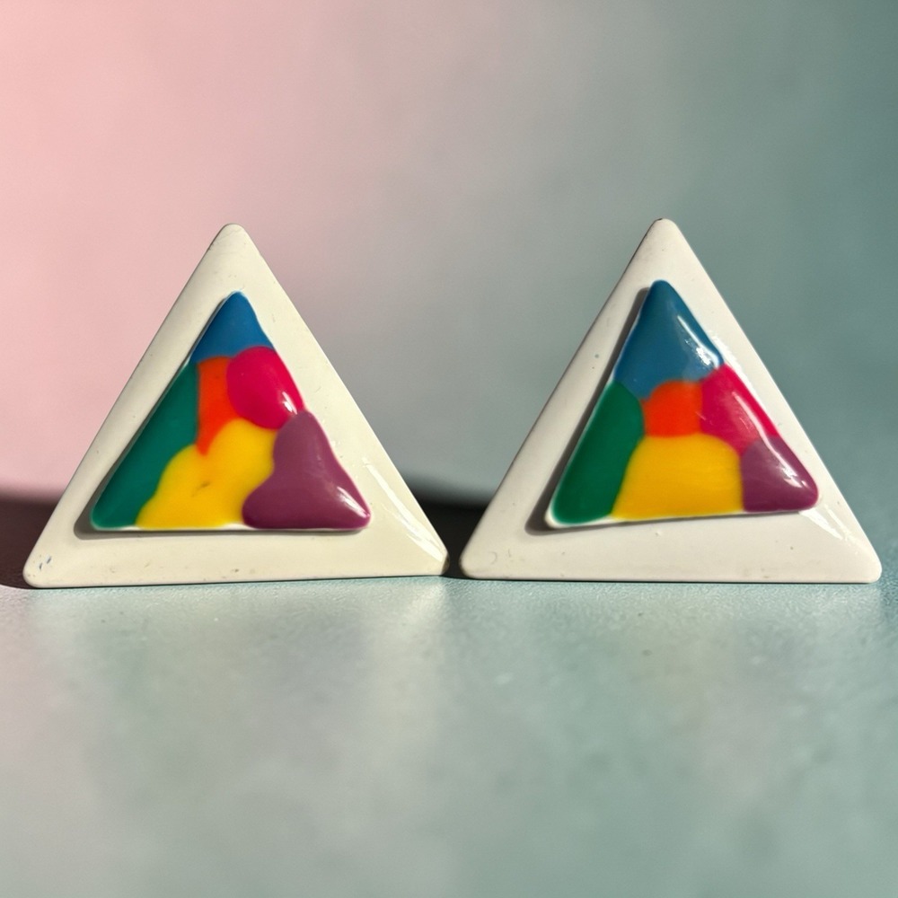 80s Earrings Colorful Triangle Clip On Bold Enamel Geometric Vintage Layered 90s